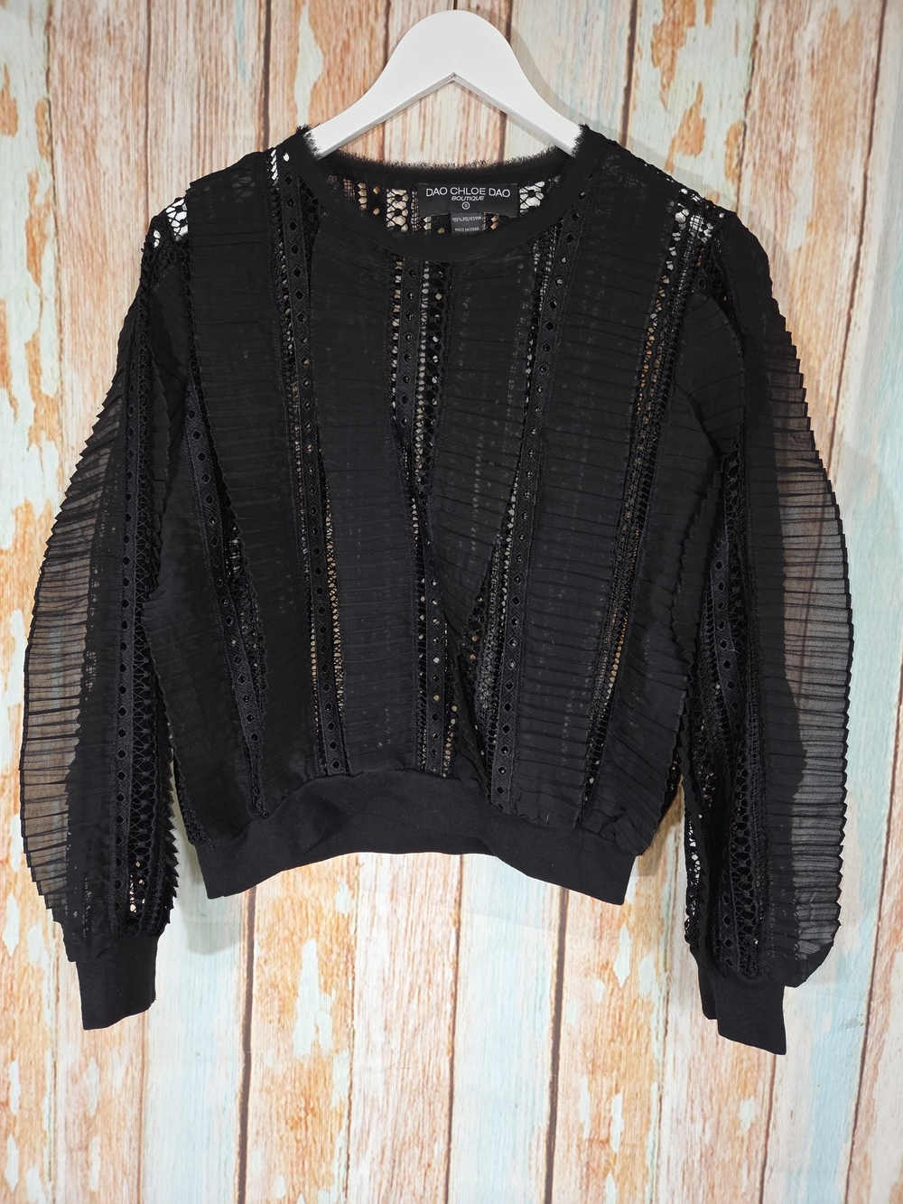 Dao Chloe Dao Boutique Black Lace-Trim Long Sleeve Top. Project Runway Winner. S